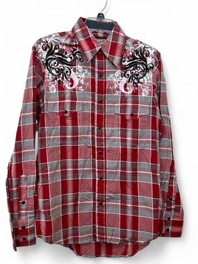 Mens Rock and Roll Cowboy Red Plaid Pearl snap shirt size Small